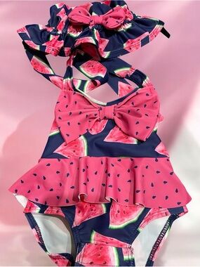 Girls Watermelon Print Pink & Navy Ruffle One-Piece Swimsuit with bonnet